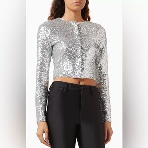 Good American Cluster Embellishment Shimmering Silver Crop Top Jacket